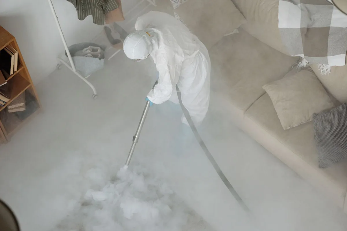 Biohazard cleanup technician in protective equipment, Lake Nona South, Orlando, FL